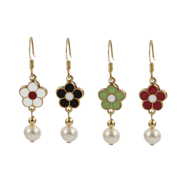 Cloisonné Flowers with Pearl Drop Earrings