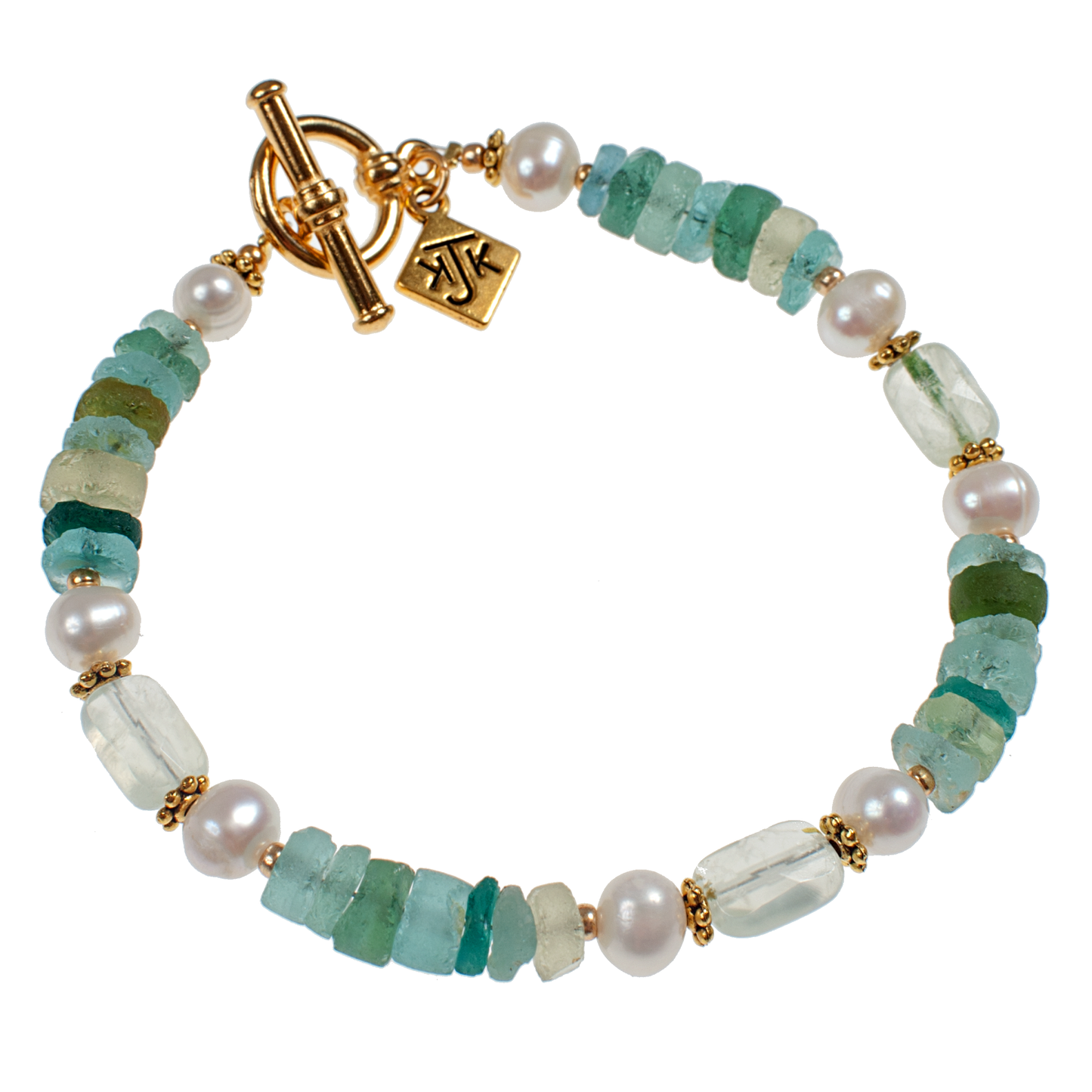 Genuine Roman Glass, Pearl, Faceted Prehnite Bracelet
