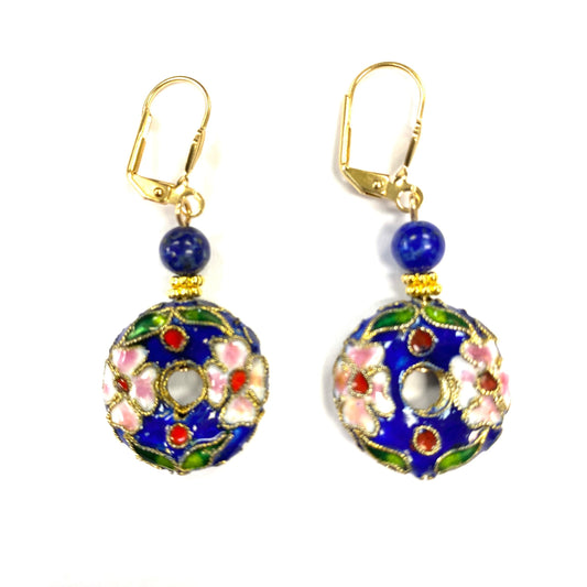 Floral Cloisonne Disk with Lapis Earring