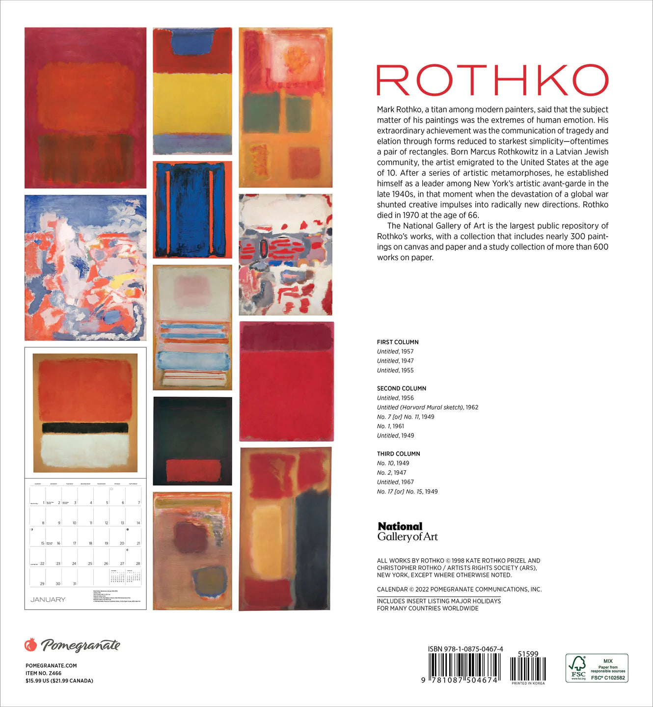 Mark Rothko 2023 Wall Calendar