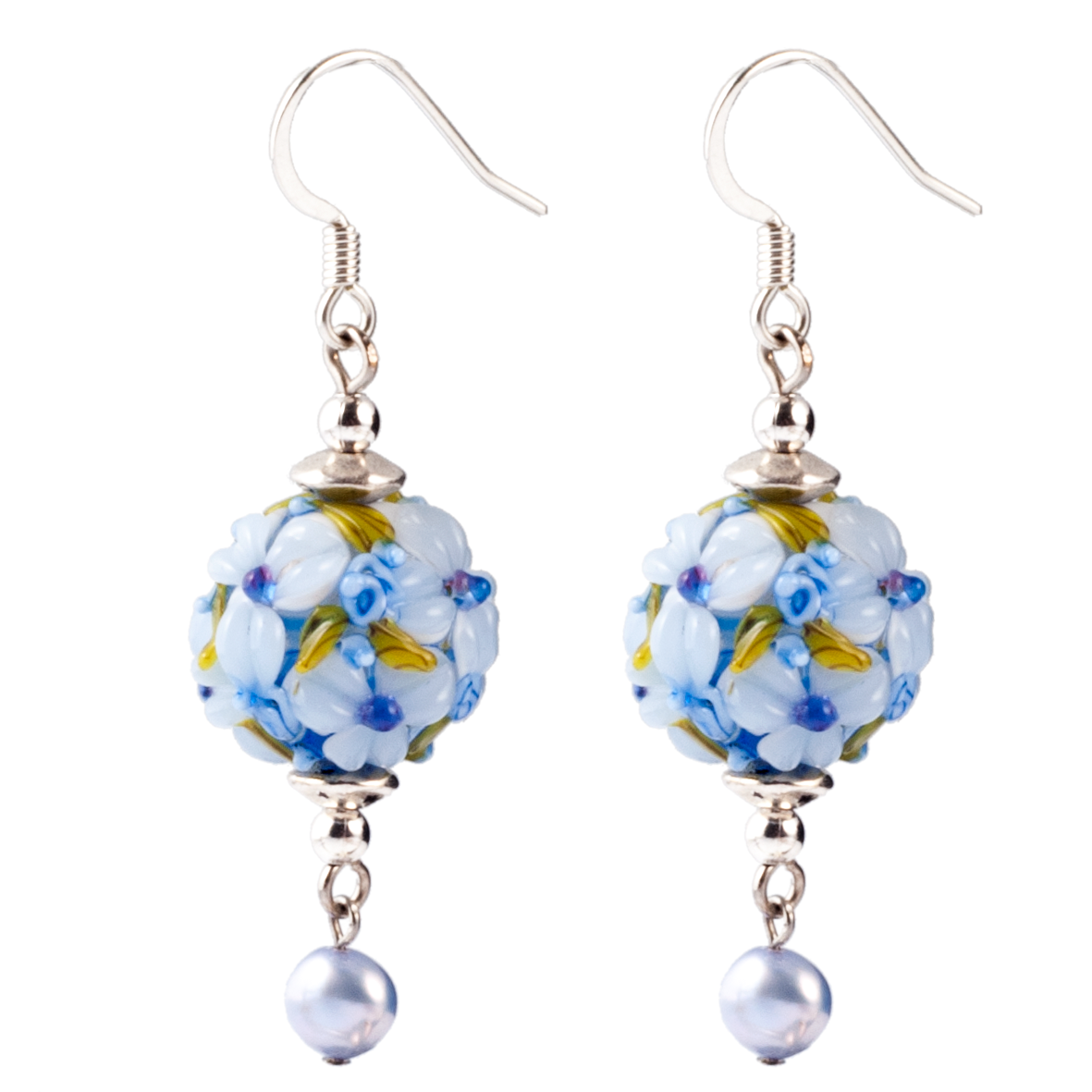 Blue Floral Lampwork Glass & Pearl Drop Earrings