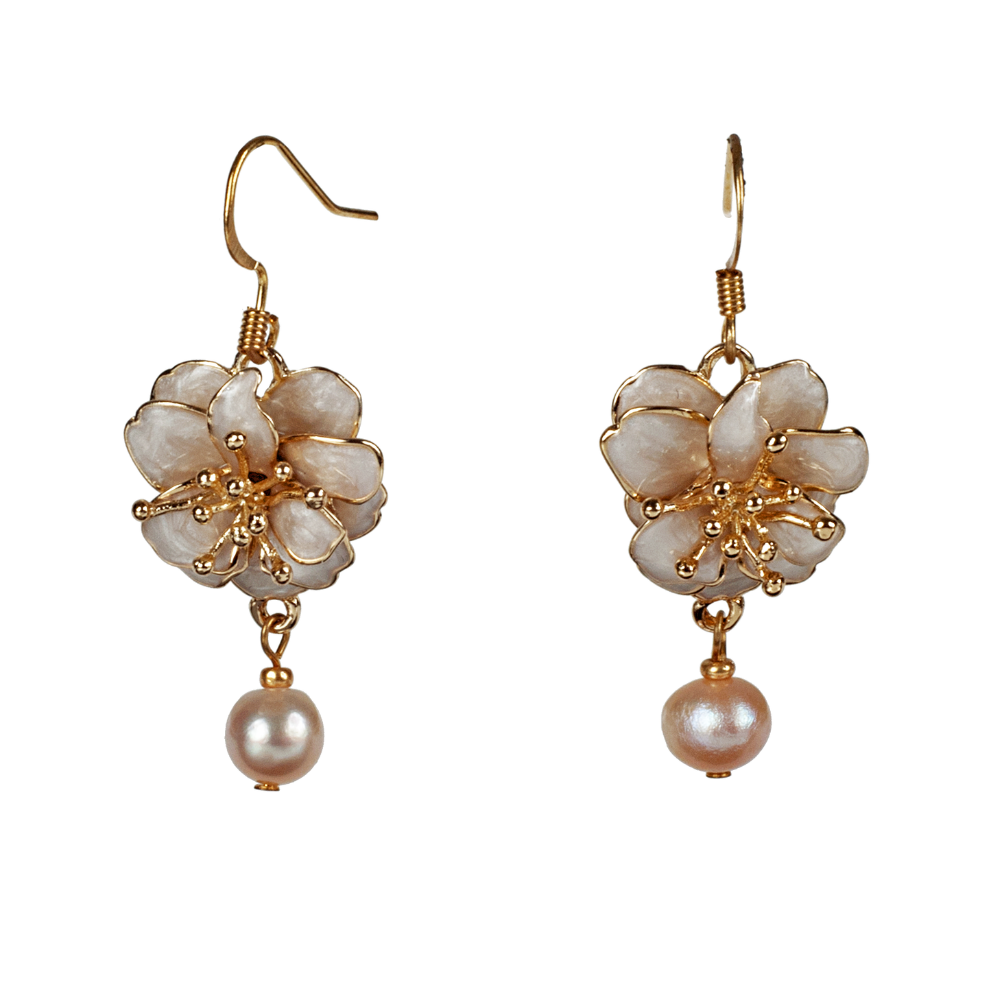 Blush Enamel Cherry Blossom & Blush Pearl Drop Earrings